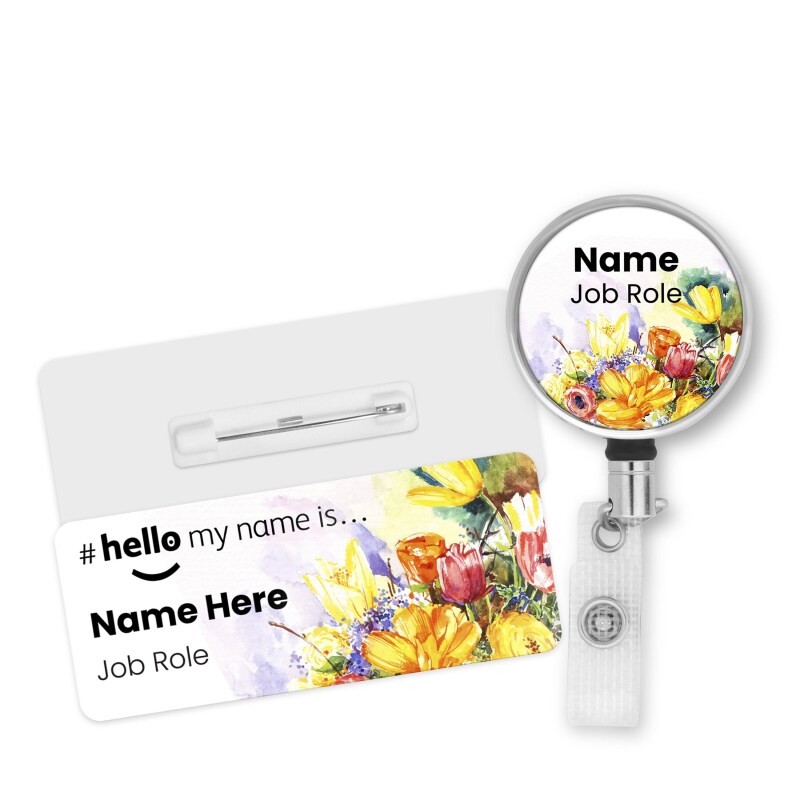 Hello My Name is Badge Floral with ID Badge Reel Personalised Durable Name Badge #hello mynameis Badge, Nurse Badge, Nurse Badge NHS Badge - Standard Name Badge - Safety Pin Standard