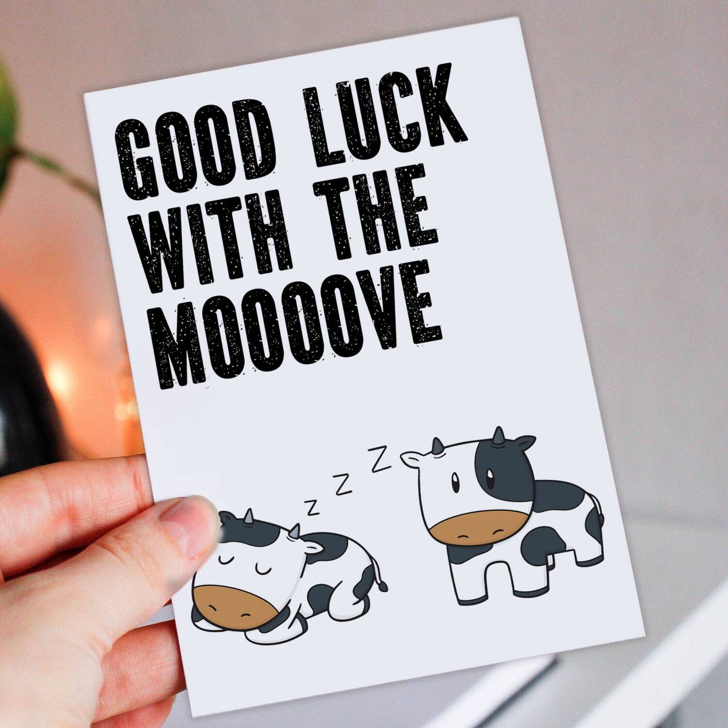 Good luck with the moooove cute cow, moo new home, house move, housewarming, moving farm animal card (Size A6/A5/A4/Square 6x6") - A6: Single card