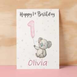 Personalised 1st, 2nd, 3rd, 4th, 5th Birthday Card for Daughter, Granddaughter, Niece, Goddaughter Girls Koala Card - 1 - One - Blank Message