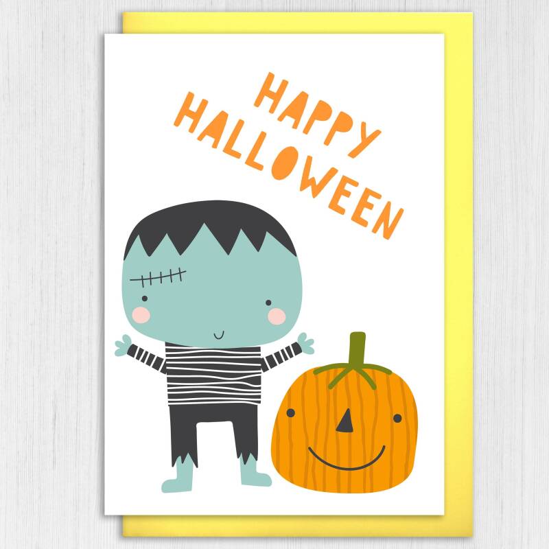 Zombie and pumpkin cute Happy Halloween, All Hallow's Eve card for children, kids, adults, all ages (Size A6/A5/A4/Square 6x6") - A6: Single card