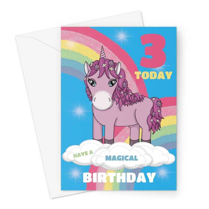 Happy Birthday Card - Cute Unicorn Age 3 Children's - A5 Greetings Card - A5 Portrait - 1 Card