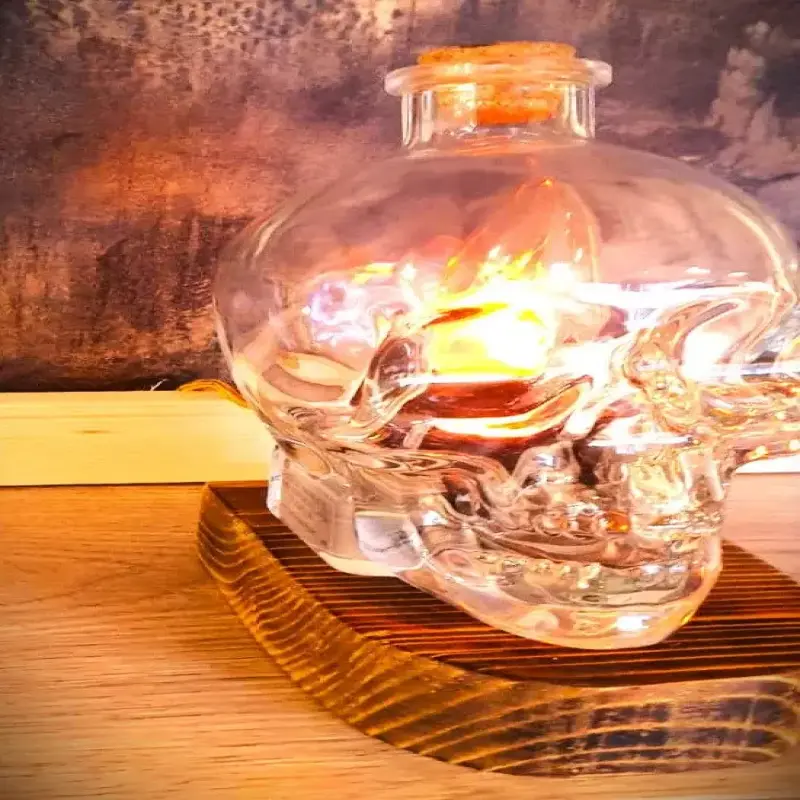 Glass Skull  Light Bottle on Wooden Base - Gothic Home Décor, Unique Artistic Ambience Lamp, Warm Glow, Table Lamp, Gift for Him, Cosy Light