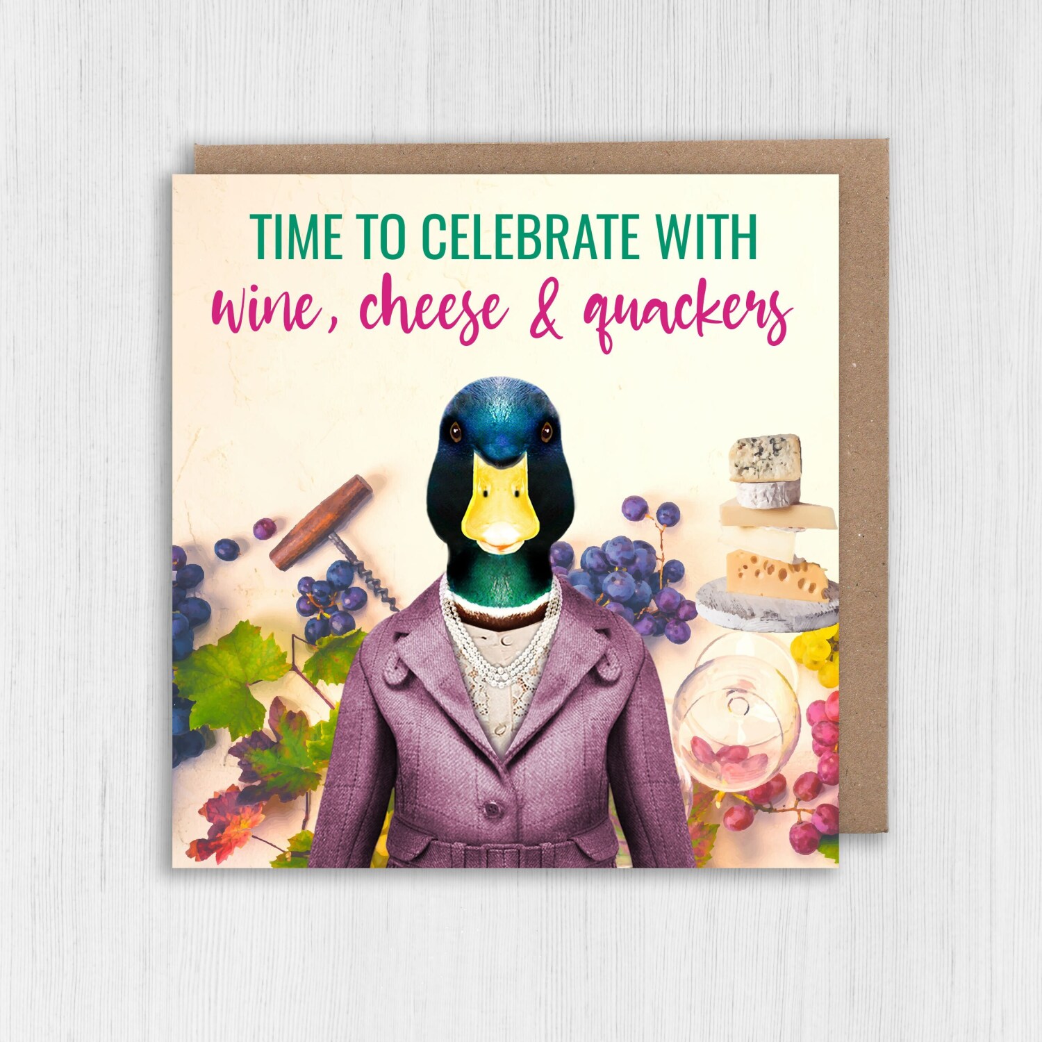 Time to celebrate with wine cheese and quackers duck in clothes congratulations, well done, graduation (Animalyser) Size A6/A5/A4/Square 6x6 - A6: Single card