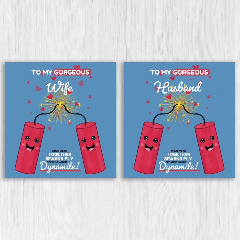 Sparks fly because you’re dynamite funny anniversary card for boyfriend, husband, wife, girlfriend, partner (Size A6/A5/A4/Square 6x6") - A6: Single card