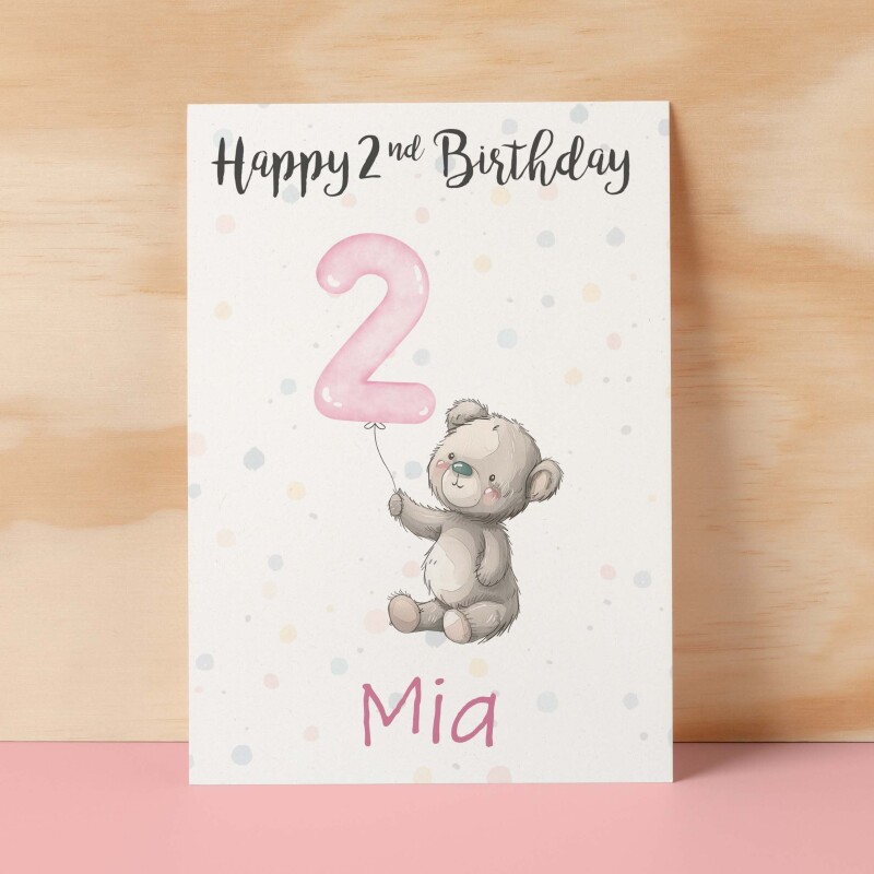 Personalised 1st, 2nd, 3rd, 4th, 5th Birthday Card for Daughter, Granddaughter, Niece, Goddaughter Girls Teddy Bear Card - 1 - One - Blank Message