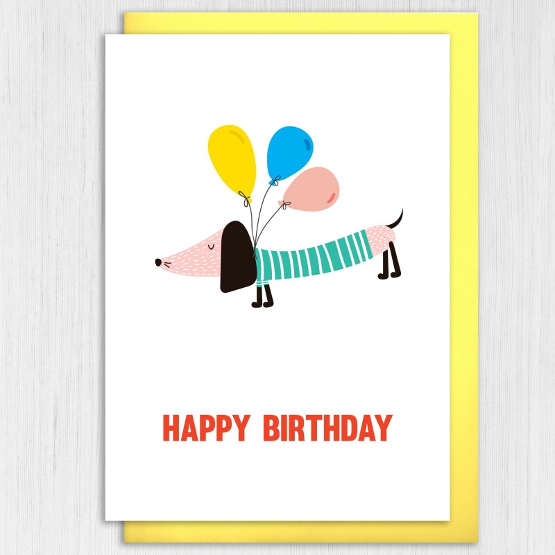 Dog and balloons Happy Birthday card for dog lover, pet owner, mum, mom, dad, friend, mate, neighbour, coworker (Size A6/A5/A4/Square 6x6") - A6: Single card