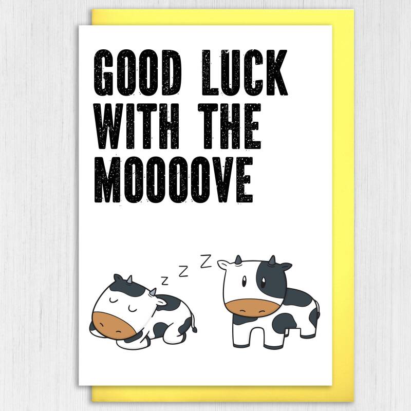 Good luck with the moooove cute cow, moo new home, house move, housewarming, moving farm animal card (Size A6/A5/A4/Square 6x6") - A6: Single card