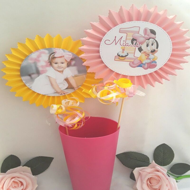 Personalised Baby Minnie 1st Birthday Cake Topper,Minnie Centrepiece,First cake - Age rosette