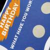 Happy Birthday, what have you won? Scratch off and reveal gift, present card (gold, silver circles) for son, daughter, wife, husband - Blue - Gold