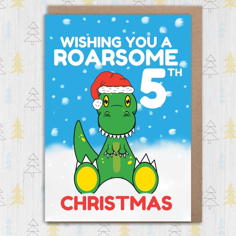 Roarsome Christmas personalised with age, name dinosaur Holidays, Xmas, festive card for child, son, daughter, grandchild (Size A6/A5/A4) - A6: Single card