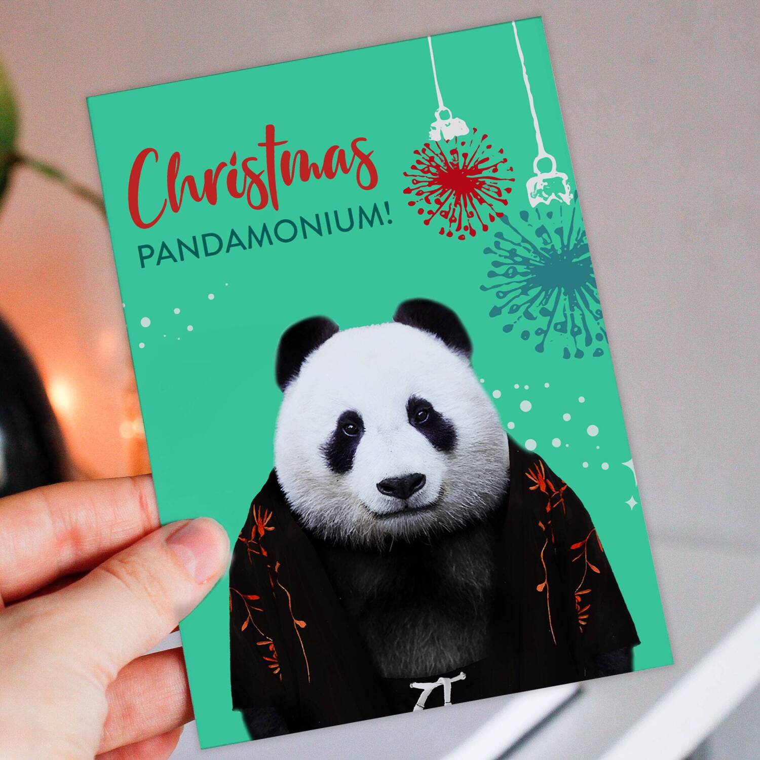 Christmas Pandamonium panda, animal in clothes Holidays, Xmas, festive card for friend, neighbour (Animalyser) (Size A6/A5/A4/Square 6x6") - A6: Single card