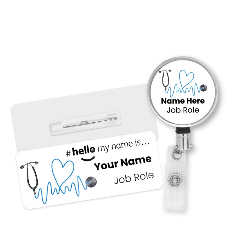 Hello My Name is Badge Blue Stethoscope with ID Badge Reel Personalised Durable Name Badge #hello mynameis Badge, Nurse Badge, Nurse Badge - Standard Name Badge - Safety Pin Standard