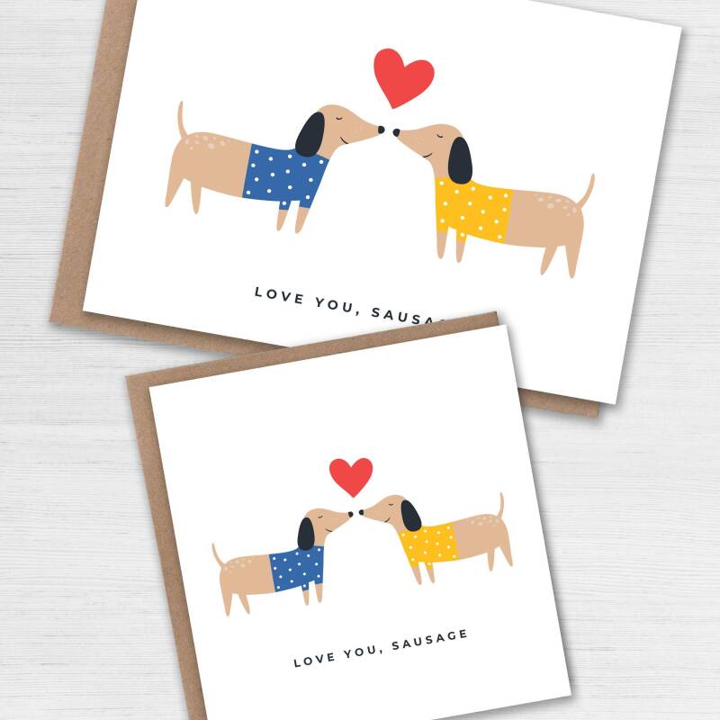 Love you sausage dog Valentines Day card for dog lover, dog owner, husband, wife, boyfriend, girlfriend, partner (Size A6/A5/A4/Square 6x6") - A6: Single card