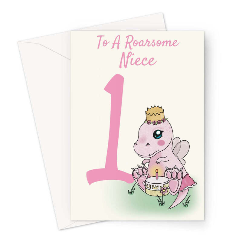 Cute 1st Birthday Card For A Niece - Fairy Dinosaur - A5 Portrait - 1 Card