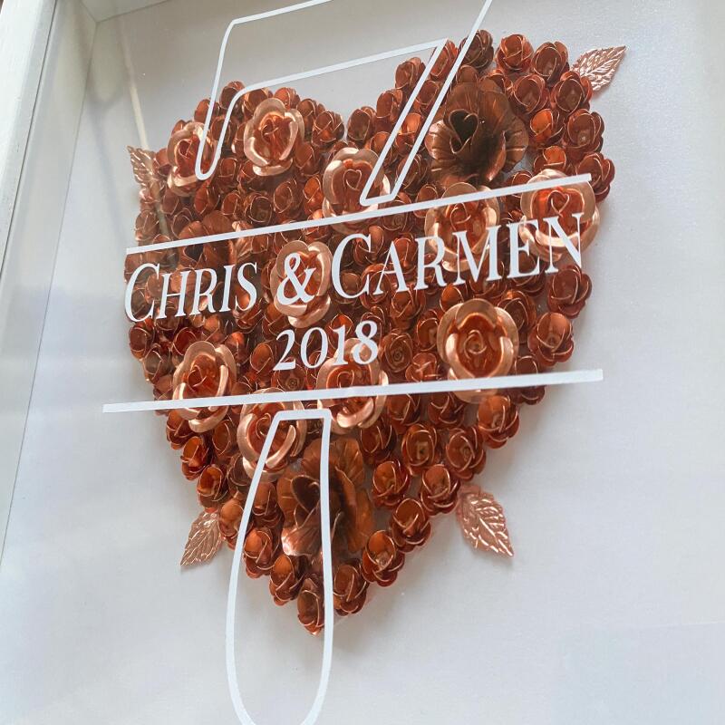 7th Anniversary Gift, Copper Heart Shadow Box, Personalised Copper Flowers, 7 Year Anniversary Frame, Custom Wedding Anniversary Gift - White