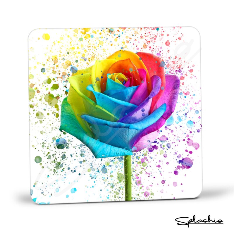 Coaster RAINBOW ROSE Splatter Art Print, High Gloss Coaster, Splash Art, Kids Room Custom Art Work Colourful Rose Art Personalised Coaster - Single Coaster