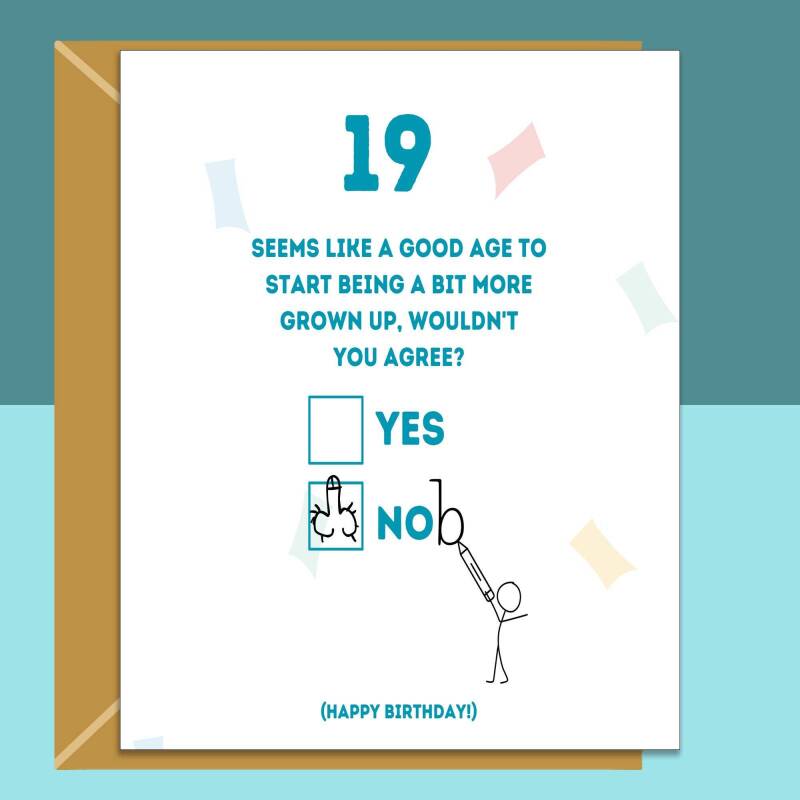 Funny 19th Birthday Card - Personalised inside if required - For Him or For Her - Perfect greetings card for someone turning 19 years old - Blank inside - Small